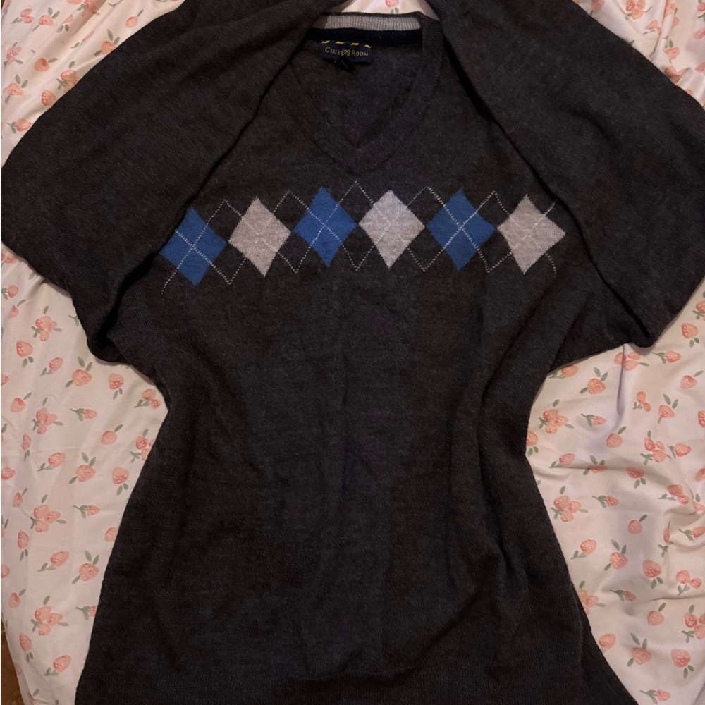 Gray Argyle V-Neck Sweater
